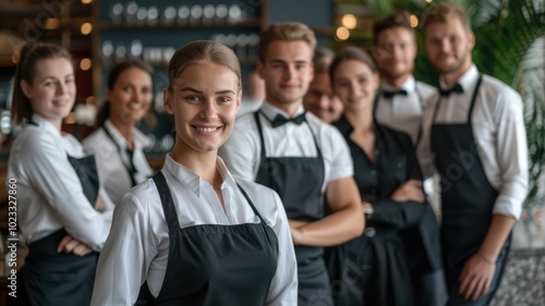 Picture show group of staff in luxury hotel gathering to welcome customers who travel on vacation or holiday trip. Employee of resort business with confident pose prepare to service tourist. AIG53.