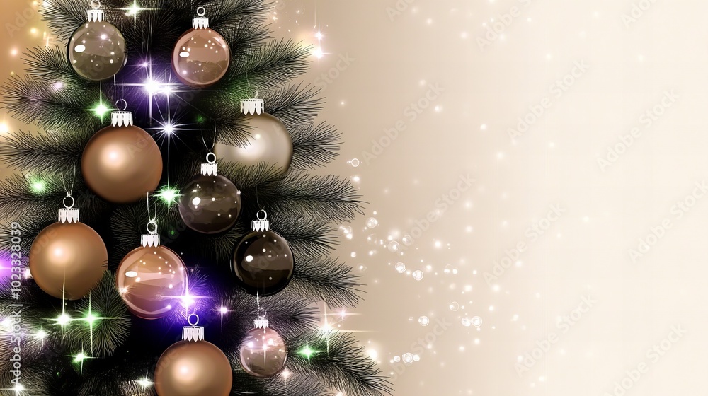 Fototapeta premium Closeup of a decorated Christmas tree with shiny ornaments and twinkling lights.