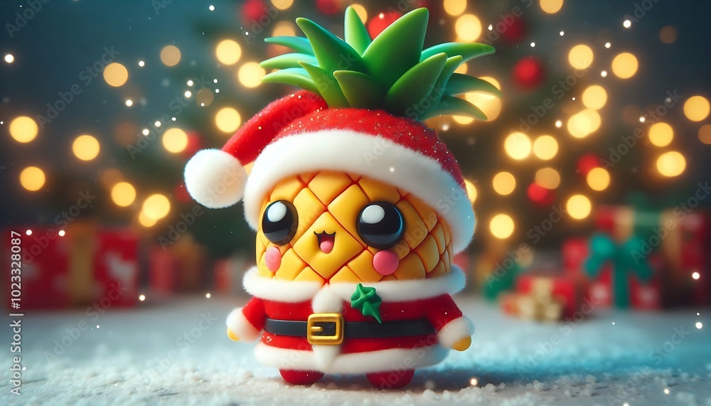 Adorable Pineapple in Santa Costume with Festive Christmas Lights and Snowy Holiday Scene
Adorable Pineapple in Santa Costume with Festive Christmas Lights and Snowy Holiday Scene