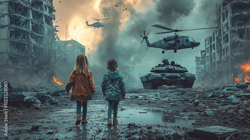 Two homeless little girl walking in destroyed city, soldiers and helicopters and tanks are still attacking the city
