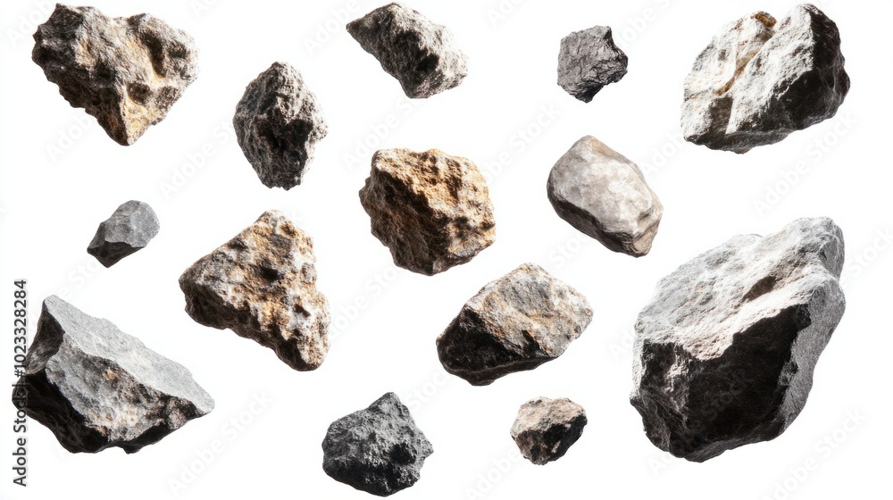 A collection of rocky asteroids flying through space, isolated against white A collection of rocky asteroids flying through space, isolated against white