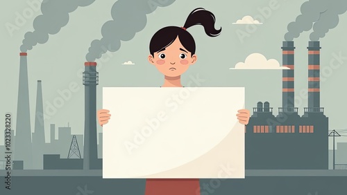 Against the background of the chimneys of factories, a girl holds a white poster. space for text photo