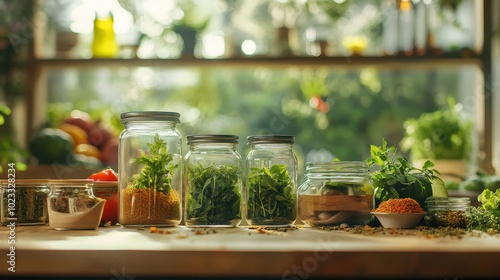 Homegrown Herbs and Vegetables in Glass Jars