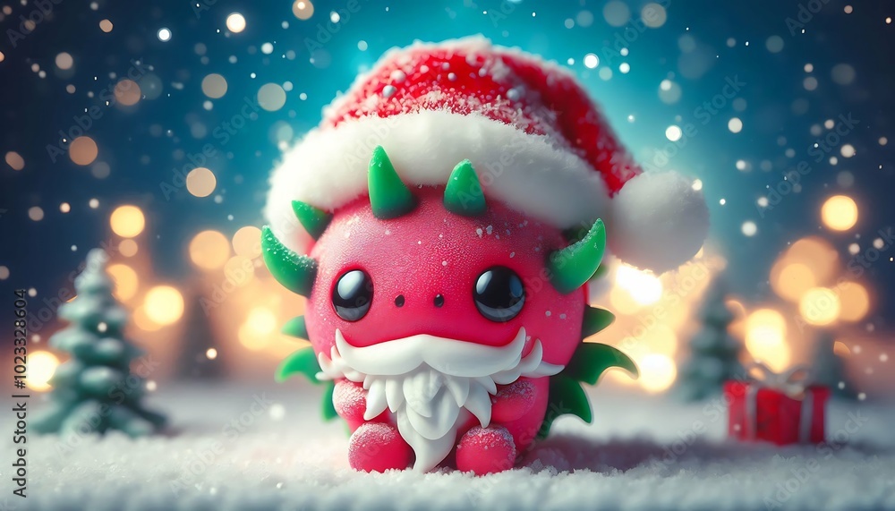Adorable Dragon Fruit in Santa Hat and Beard in a Snowy Christmas Scene with Festive Lights
Adorable Dragon Fruit in Santa Hat and Beard in a Snowy Christmas Scene with Festive Lights