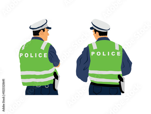 Traffic policeman officers unit on duty vector illustration isolated on white. Police man in uniform. Security service protect people. Law and order street patrol cop couple. Man observe crowd.