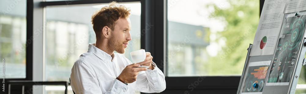 A redhead businessman in a white shirt sips coffee while intensely reviewing project details on a display board. A redhead businessman in a white shirt sips coffee while intensely reviewing project details on a display board.