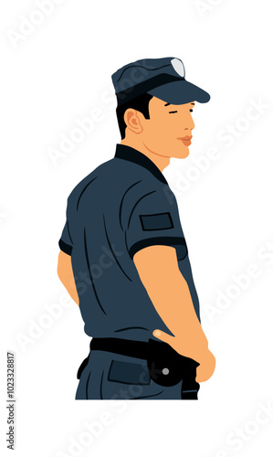 Policeman officer on duty vector illustration isolated on white background. Police man in uniform in patrol on street. Security service member protect people. Law and order. Against terrorism unit.