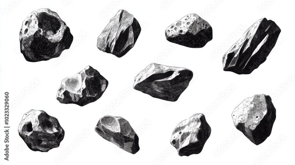 A set of rough-edged flying asteroids moving through space, isolated on white A set of rough-edged flying asteroids moving through space, isolated on white