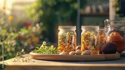 Homemade Granola in Mason Jars in a Garden Setting