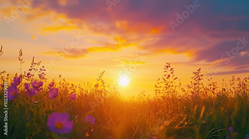 Vibrant sunset over a summer meadow, with space for text in the colorful sky. Summer evening concept