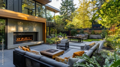 Luxury outdoor space with contemporary patio furniture and a cozy fireplace, framed by a lushly landscaped garden. An elegant backyard retreat.