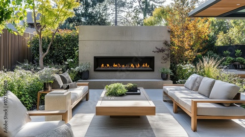 Luxury outdoor space with contemporary patio furniture and a cozy fireplace, framed by a lushly landscaped garden. An elegant backyard retreat.
