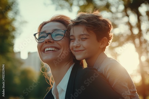 A Mother Enjoying a Joyful Moment With Her Smiling Son During Sunset in a Park, Capturing Their Bond and Happiness