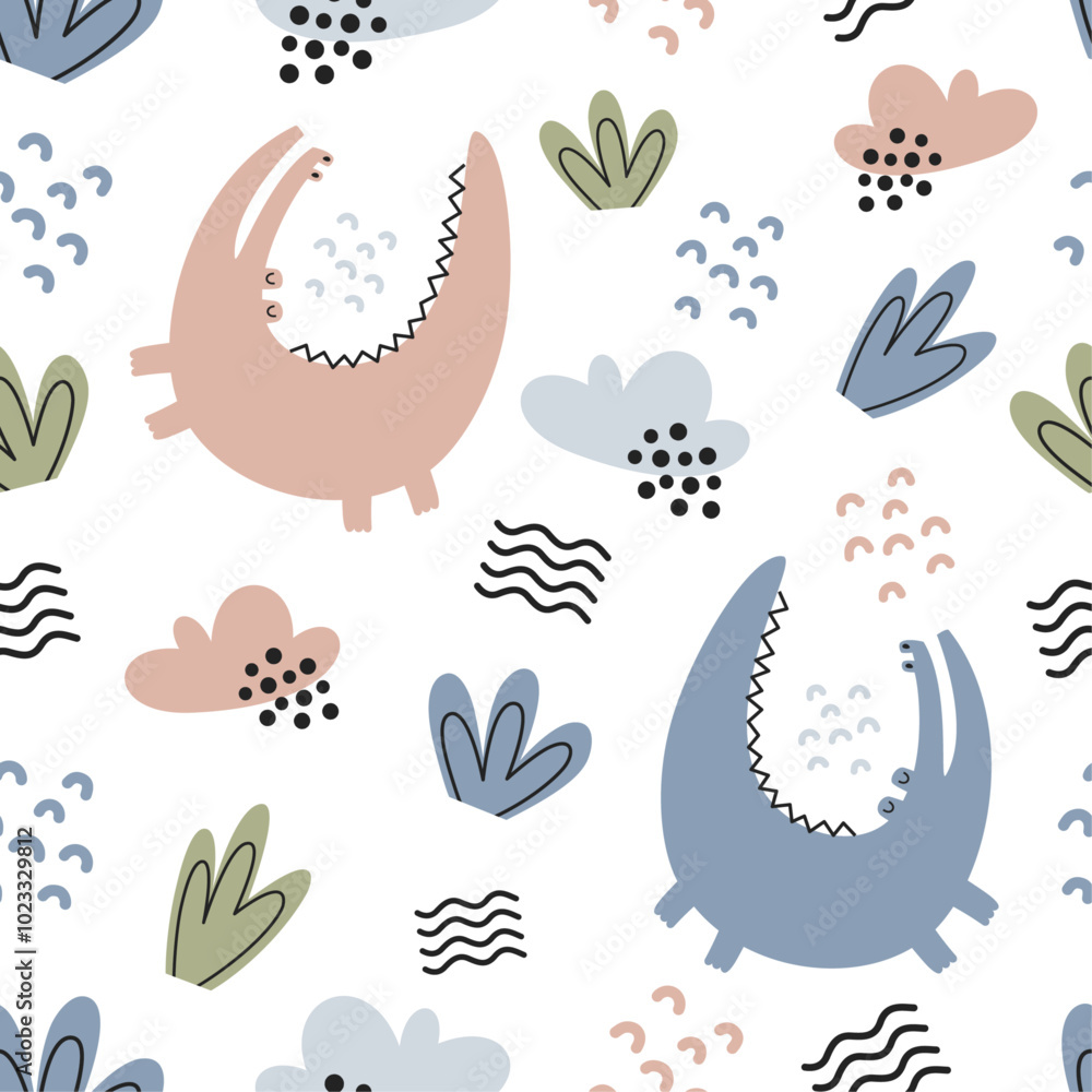 Seamless pattern with funny crocodiles, leaves, clouds. Colorful children's illustration with alligators in abstract style. Design for baby clothes, notepad, fabric, wrapping paper and greeting cards. Seamless pattern with funny crocodiles, leaves, clouds. Colorful children's illustration with alligators in abstract style. Design for baby clothes, notepad, fabric, wrapping paper and greeting cards.