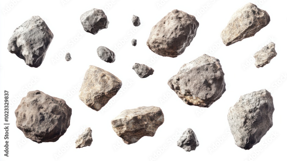Collection of rugged flying asteroids of various sizes, isolated on a clean white background Collection of rugged flying asteroids of various sizes, isolated on a clean white background