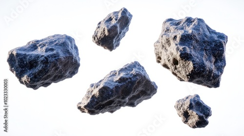 Dynamic flying asteroids with jagged textures, isolated on a pure white background