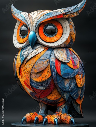 Striking mosaic owl sculpture with vibrant, intricate patterns and colors. perfect for home decor, artistic installations, and inspirational design projects. photo