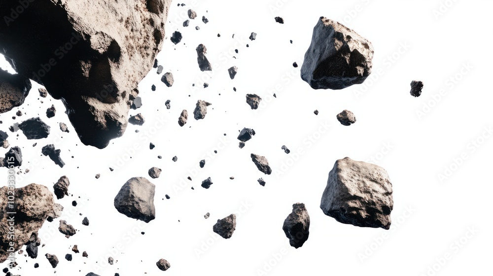 Flying asteroids with rocky, textured surfaces isolated against a blank white backdrop Flying asteroids with rocky, textured surfaces isolated against a blank white backdrop
