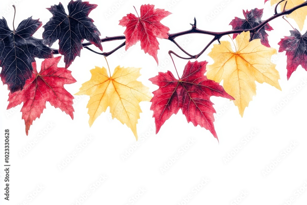 The red-orange leaves of ripening grapes against the blue sky. Natural autumn background. Ripe grapes, the concept of ripening and harvesting. The red-orange leaves of ripening grapes against the blue sky. Natural autumn background. Ripe grapes, the concept of ripening and harvesting.