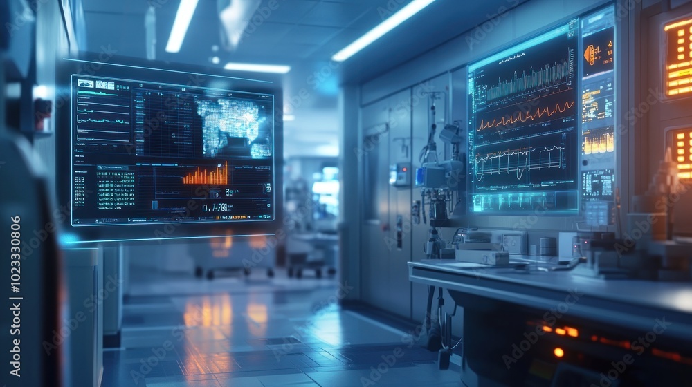 A high-tech medical facility featuring advanced monitoring equipment and digital displays. A high-tech medical facility featuring advanced monitoring equipment and digital displays.