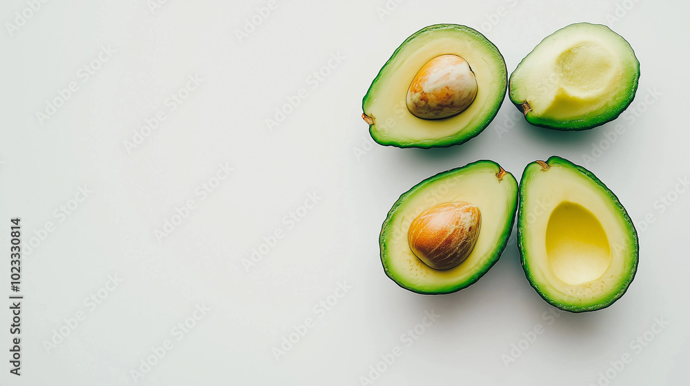 a close-up of a ripe avocado with its smooth, creamy texture, sliced open to reveal a perfectly set pit, arranged on a white background a close-up of a ripe avocado with its smooth, creamy texture, sliced open to reveal a perfectly set pit, arranged on a white background