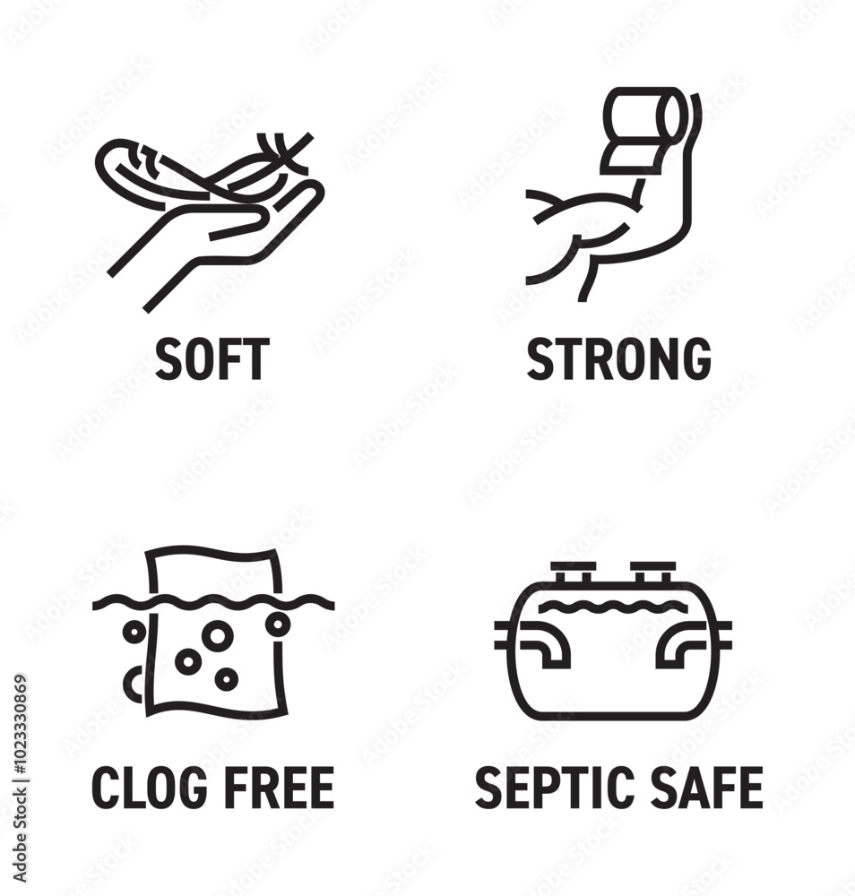 Toilet paper features bold icons - Soft, Strong, Clog-free, Septic-safe Toilet paper features bold icons - Soft, Strong, Clog-free, Septic-safe