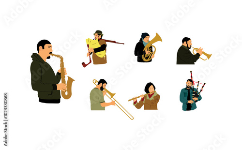 Brass band play vector illustration. Wind instrument concert jazz event. Music orchestra flute, trumpet, bugler, saxophone, trombone, tenor horn, flutist, bagpiper. Musician entertainment