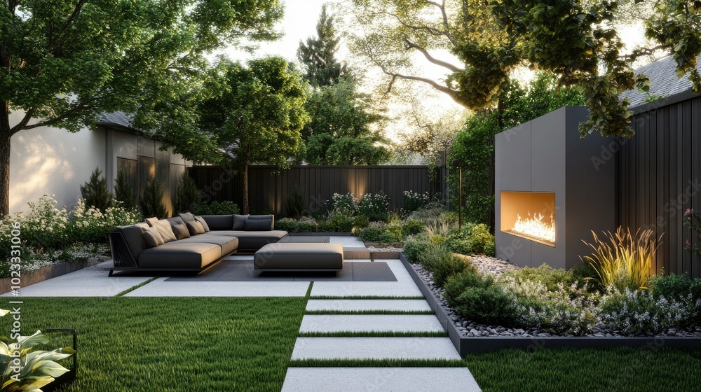 Stylish patio setup featuring a fireplace and modern furniture, surrounded by an immaculately landscaped backyard. The perfect outdoor oasis. Stylish patio setup featuring a fireplace and modern furniture, surrounded by an immaculately landscaped backyard. The perfect outdoor oasis.