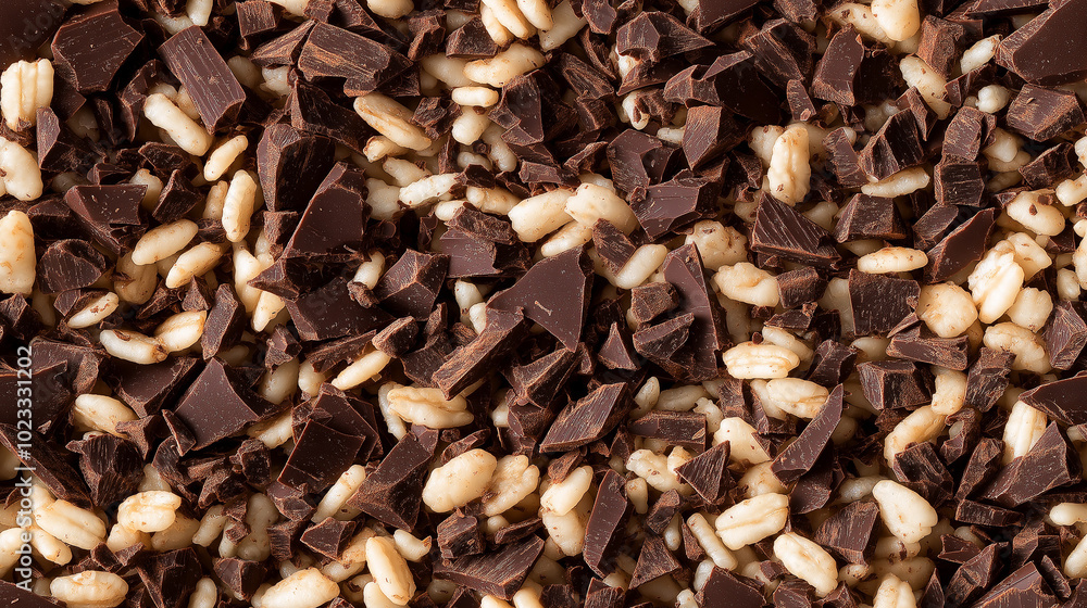 a close-up, top-down view of chopped dark chocolate with puffed rice scattered across the frame a close-up, top-down view of chopped dark chocolate with puffed rice scattered across the frame