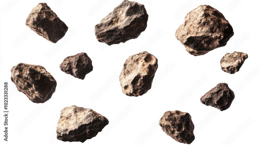 Group of flying asteroids with jagged surfaces, isolated on a clean white background Group of flying asteroids with jagged surfaces, isolated on a clean white background