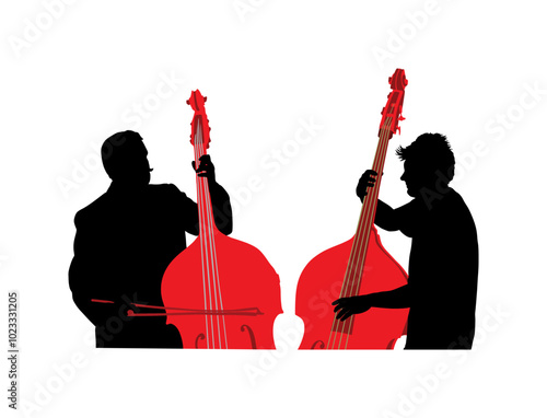 Tandem man playing contrabass duet vector silhouette illustration isolated. Music men contra bass duo concert shape. Double bass performer amusement entertainment. Classic musician string instrument.