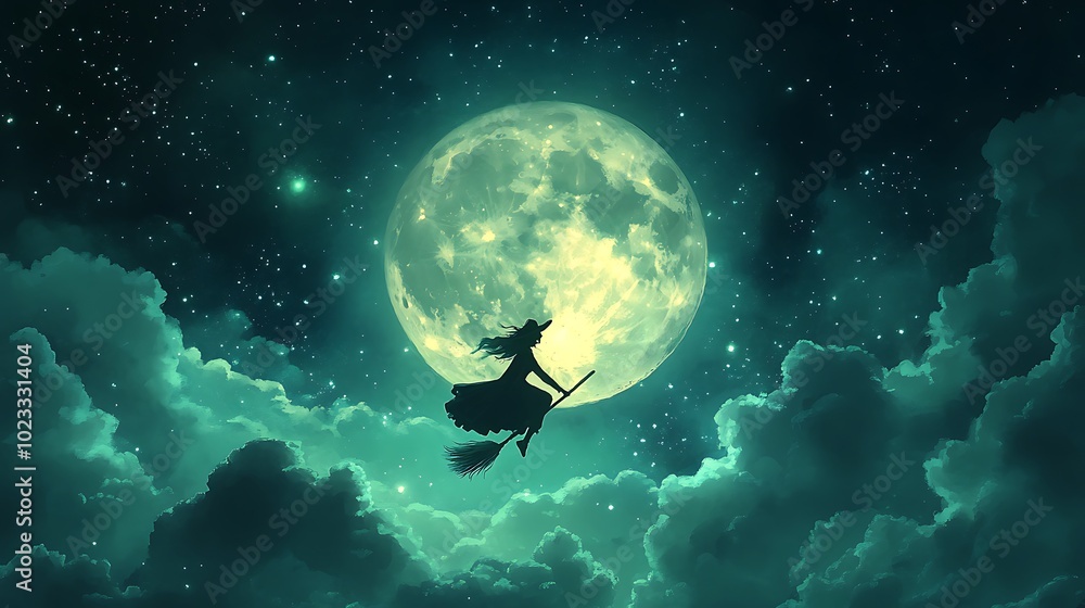 A whimsical cartoon-style witch flying on a broomstick against a backdrop of a large, glowing full moon. Stars twinkle around her, and clouds drift lazily in the night sky. A whimsical cartoon-style witch flying on a broomstick against a backdrop of a large, glowing full moon. Stars twinkle around her, and clouds drift lazily in the night sky.