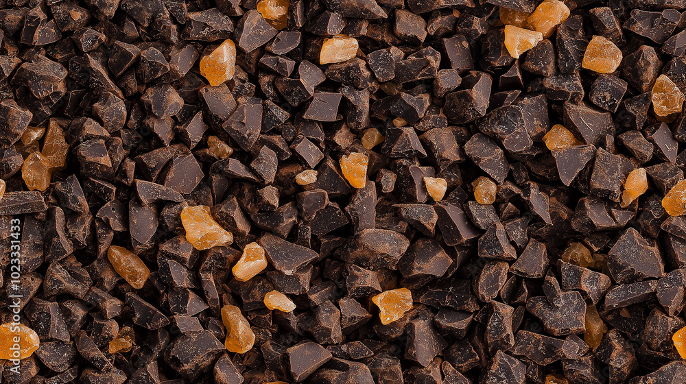 a close-up, top-down view of chopped ginger-flavored chocolate, with dark brown chocolate pieces intermixed with tiny bits of crystallized ginger a close-up, top-down view of chopped ginger-flavored chocolate, with dark brown chocolate pieces intermixed with tiny bits of crystallized ginger