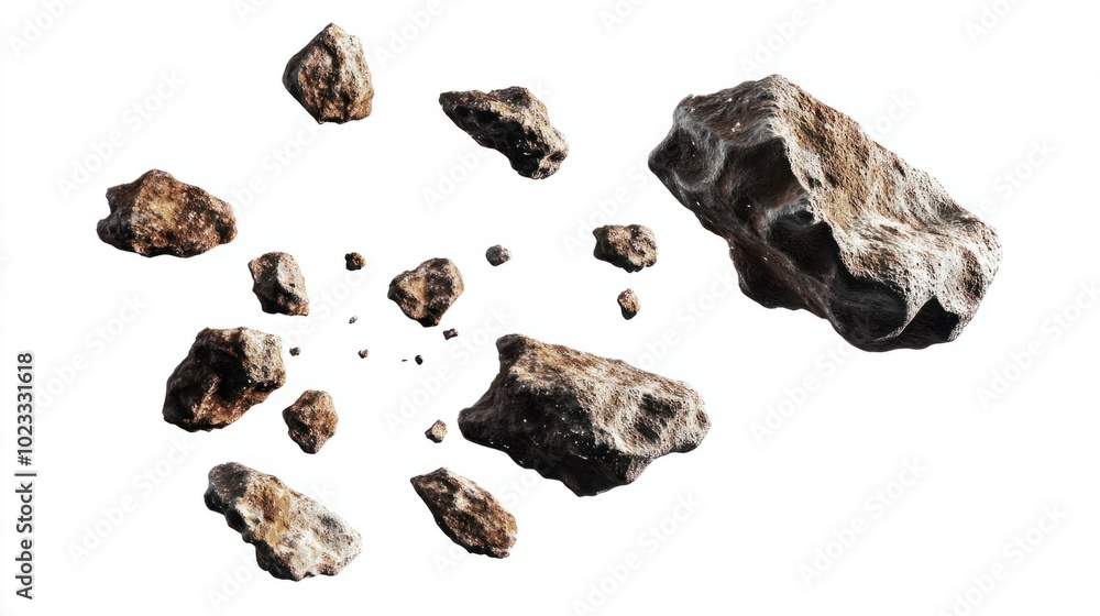 Group of jagged flying asteroids moving through space, isolated against white Group of jagged flying asteroids moving through space, isolated against white