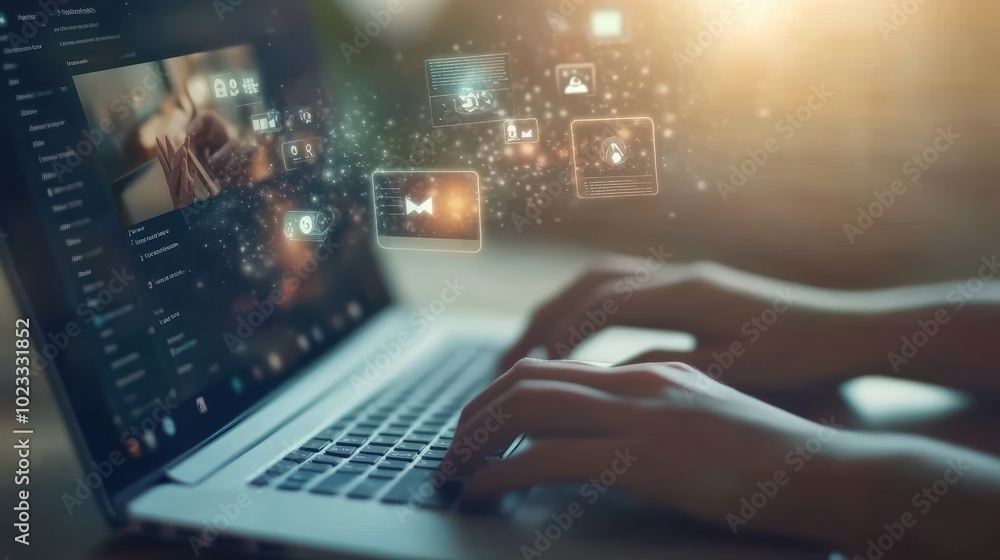 Person Using Laptop with Abstract Digital Icons Floating Above Person Using Laptop with Abstract Digital Icons Floating Above