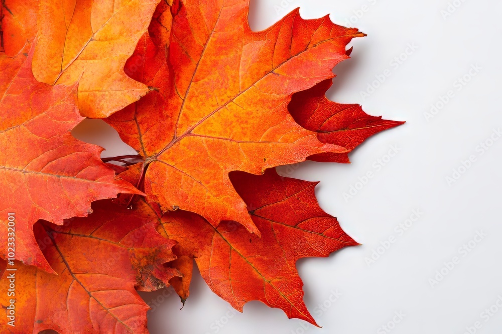 Isolated on white background, a twig with maple leaves in autumn. Yellow and orange natural elements. Place for text to be written. Isolated on white background, a twig with maple leaves in autumn. Yellow and orange natural elements. Place for text to be written.