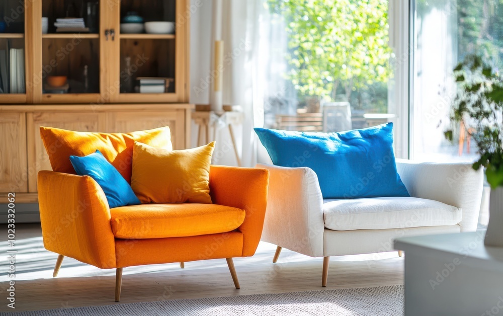 Fototapeta premium Bright Scandinavian-style interior featuring a white sofa and a pair of colorful armchairs in orange and blue. 