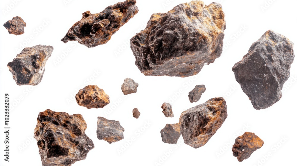 Group of rugged asteroids in flight, isolated against a clean white backdrop Group of rugged asteroids in flight, isolated against a clean white backdrop