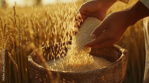 Golden sunlight filtering through hands pouring rice photo