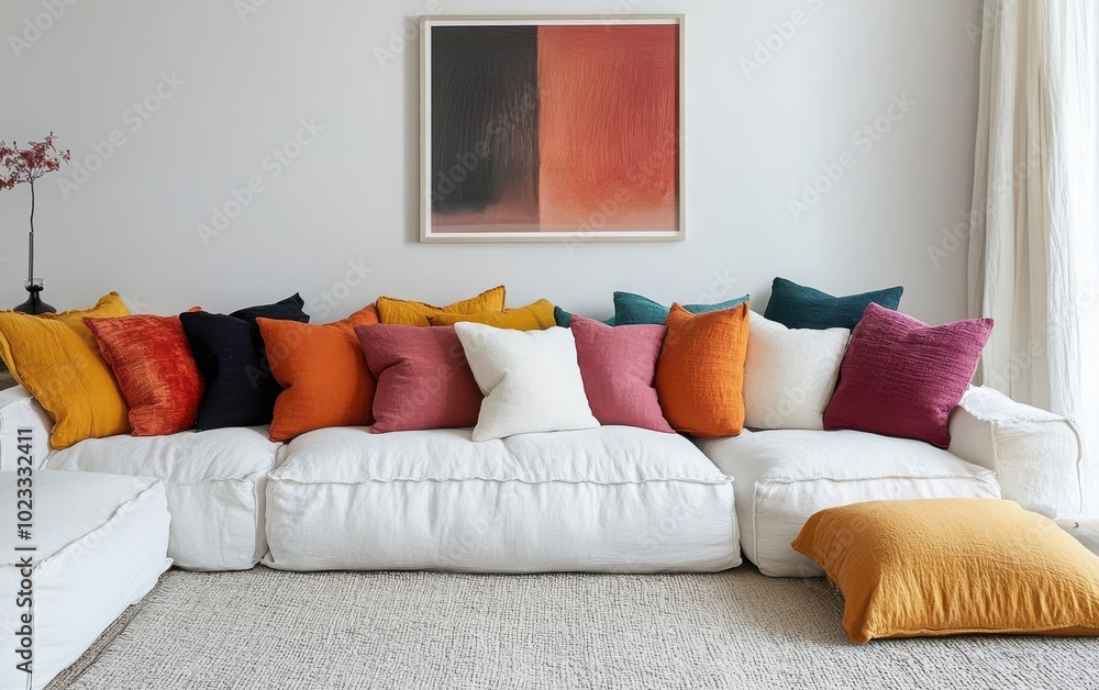 Bright Scandinavian-style interior featuring a white sofa adorned with vibrant pillows in various colors. Bright Scandinavian-style interior featuring a white sofa adorned with vibrant pillows in various colors.