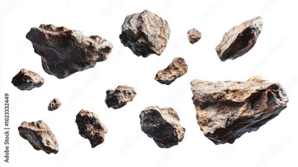 Multiple asteroids with rugged textures flying through space, isolated on white Multiple asteroids with rugged textures flying through space, isolated on white