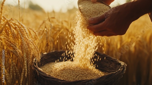 Golden wheat grains pouring into basket in field