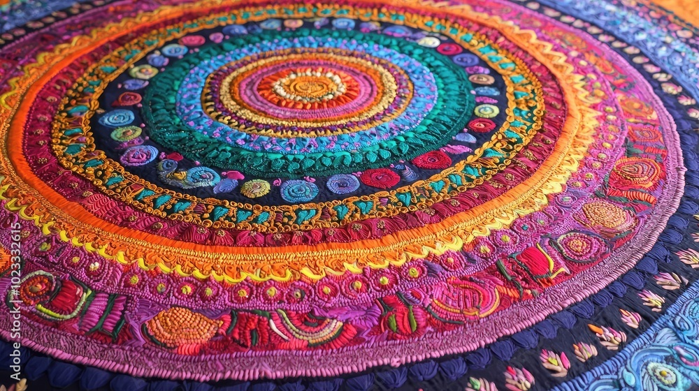 Vibrant handmade circular embroidery design showcasing intricate patterns and rich colors, ideal for textile art enthusiasts. Vibrant handmade circular embroidery design showcasing intricate patterns and rich colors, ideal for textile art enthusiasts.