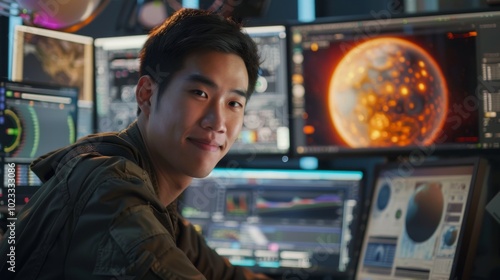 A man is smiling in front of a computer monitor with a planet on it