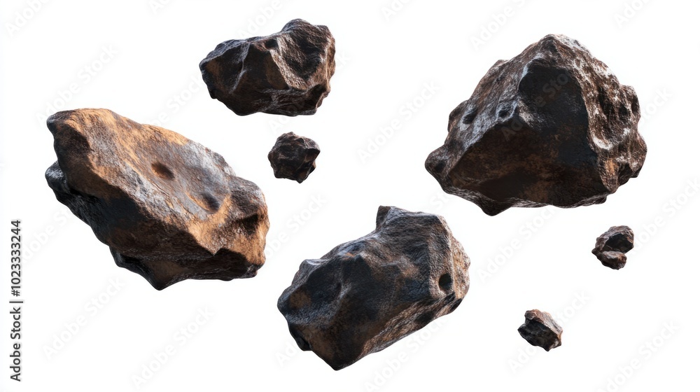 Rocky asteroids in flight, isolated against a clean white background Rocky asteroids in flight, isolated against a clean white background