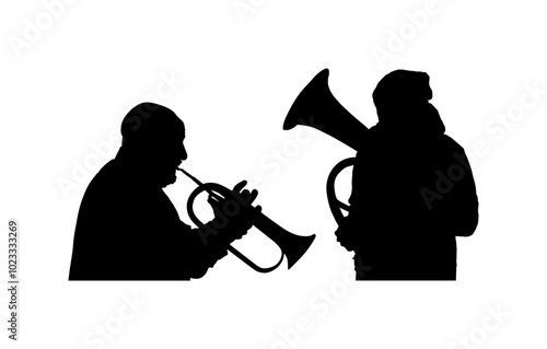 Musician player boy tenor horn duet vs trumpet man vector silhouette illustration isolated. Music duo artist men play wind instrument. Jazz man saxhorn. Bugler performer male trumpeter shape shadow.