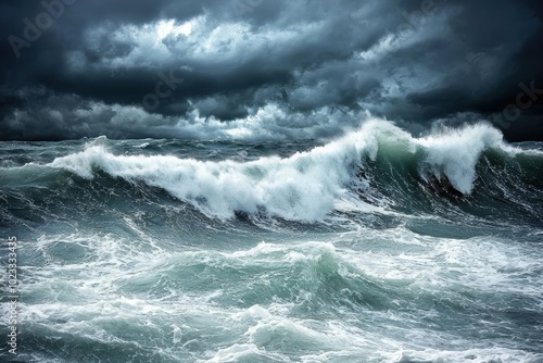 Fototapeta Naklejka Na Ścianę i Meble -  Dramatic ocean waves crash under a stormy sky, capturing the raw power of nature. Perfect for illustrating sea, weather, and turbulence.