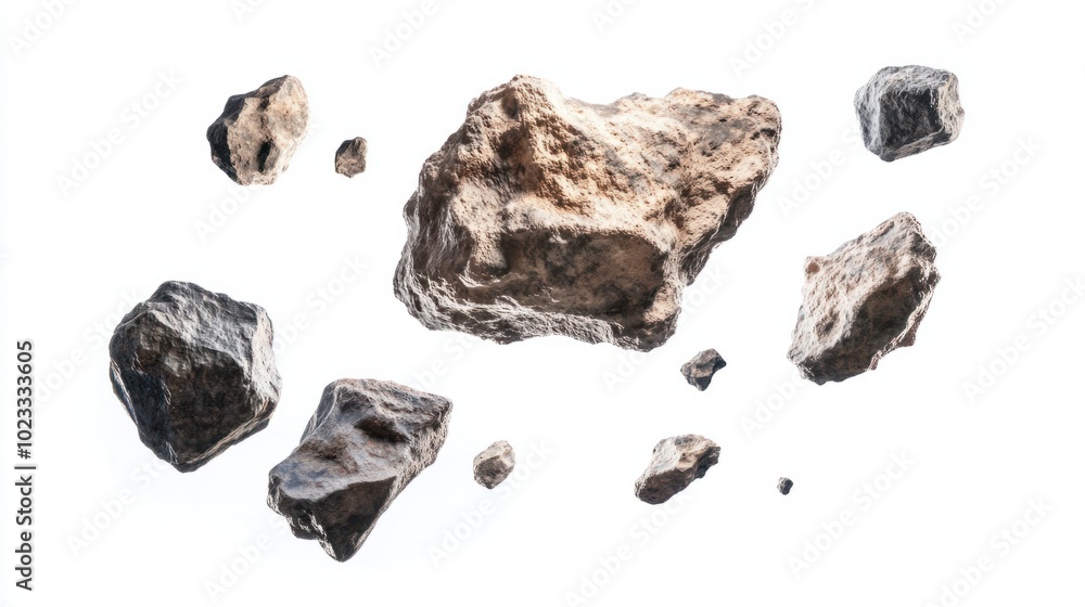 Rugged flying asteroids in various sizes, isolated on a blank white background Rugged flying asteroids in various sizes, isolated on a blank white background