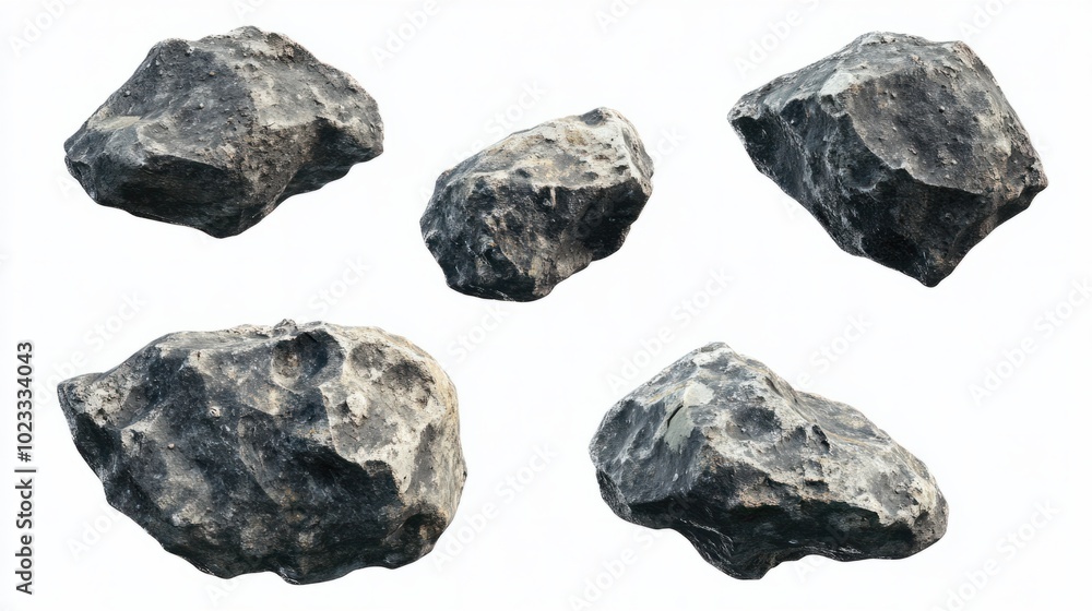 Set of flying asteroids with rough textures moving through space, isolated on white Set of flying asteroids with rough textures moving through space, isolated on white