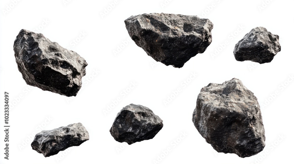 Set of rocky flying asteroids in motion, isolated on a clean white backdrop Set of rocky flying asteroids in motion, isolated on a clean white backdrop